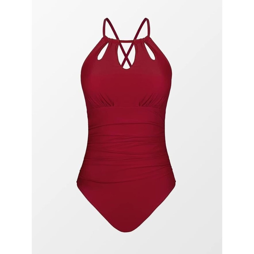 Cupshe High Neck Cutout Tummy Control 1Pc‎ Swimsuit - Wine - Size Medium